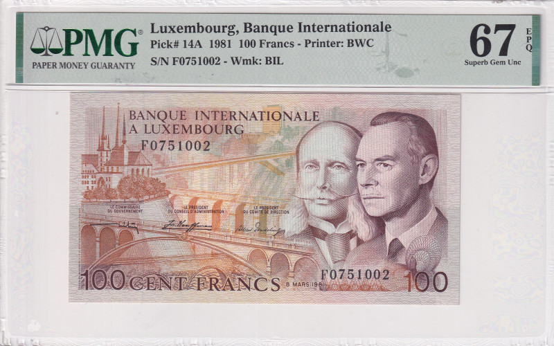 Luxembourg, 100 Francs, 1981, UNC, p14A
UNC
PMG 67 EPQHigh Condition
Estimate...