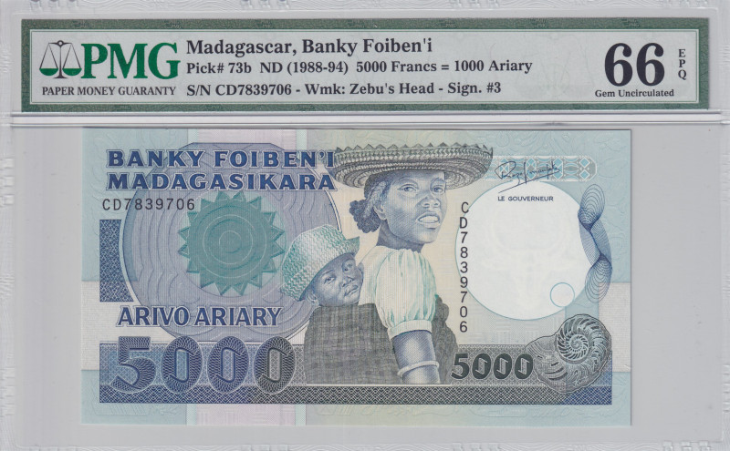 Madagascar, 5.000 Francs=1.000 Ariary, 1988/1994, UNC, p73b
UNC
PMG 66 EPQ
Es...