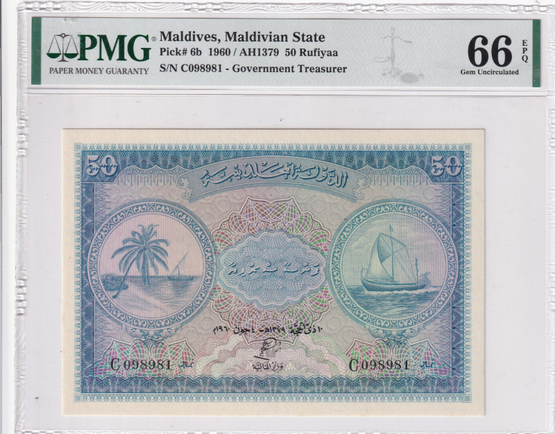 Maldives, 50 Rufiyaa, 1960, UNC, p6b
UNC
PMG 66 EPQ
Estimate: USD 500 - 1000