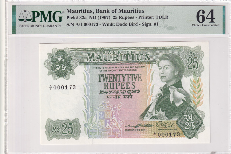 Mauritius, 25 Rupees, 1967, UNC, p32a
UNC
PMG 64Portrait of Queen Elizabeth II...