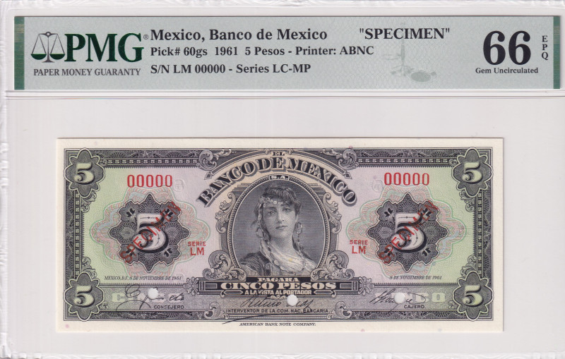 Mexico, 5 Pesos, 1961, UNC, p60gs, SPECIMEN
UNC
PMG 66 EPQ
Estimate: USD 300 ...