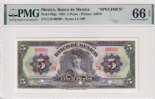 Mexico, 5 Pesos, 1961, UNC, p60gs, SPECIMEN
UNC
PMG 66 EPQ
Estimate: USD 300 - 600