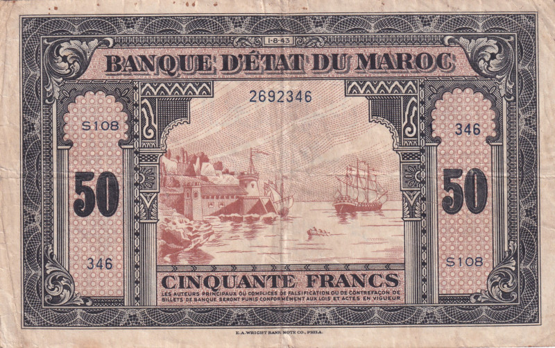 Morocco, 50 Francs, 1943, VF, p26
VF
Staple holesStained
Estimate: USD 30 - 6...