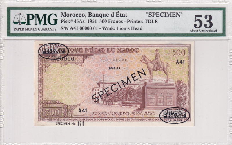 Morocco, 500 Francs, 1951, AUNC, p45As, SPECIMEN
AUNC
PMG 53
Estimate: USD 10...