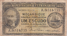 Mozambique, 1 Escudo, 1944, VF, p92
VF
Split and pinholes
Estimate: USD 30 - 60