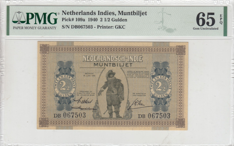 Netherlands Indies, 2 1/2 Gulden, 1940, UNC, p109a
UNC
PMG 65 EPQ
Estimate: U...