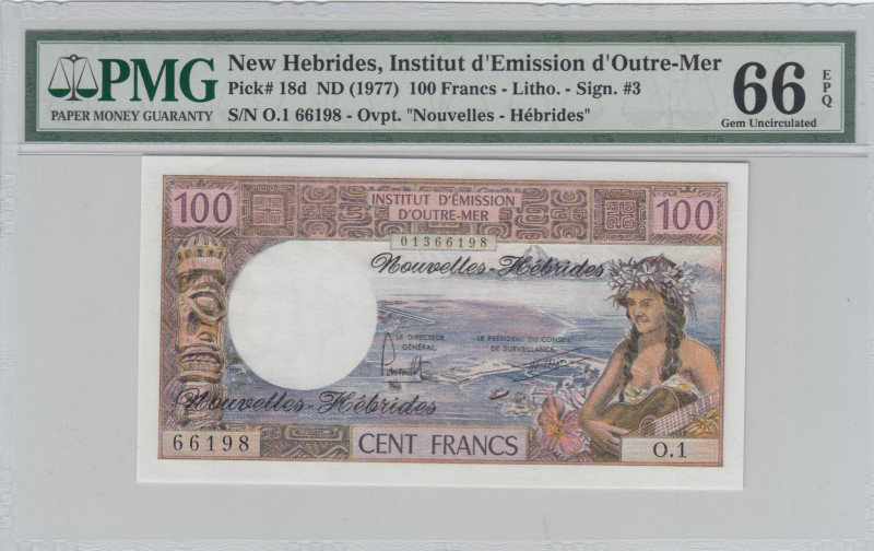 New Hebrides, 100 Francs, 1977, UNC, p18d
UNC
PMG 66 EPQ
Estimate: USD 40 - 8...