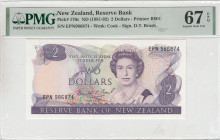 New Zealand, 2 Dollars, 1981/1992, UNC, p170c
UNC
PMG 67 EPQHigh Condition, Queen Elizabeth II Portrait7th highest rated banknote
Estimate: USD 100...