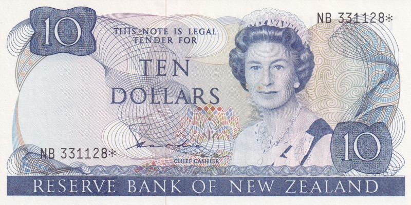 New Zealand, 10 Dollars, 1981, UNC, p172ar, REPLACEMENT
UNC
Light stainedQueen...