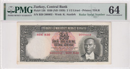 Turkey, 2 1/2 Lira, 1939, UNC, p126, 2.Emission
UNC
PMG 6412th banknote with highest score
Estimate: USD 2000 - 4000