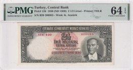 Turkey, 2 1/2 Lira, 1939, UNC, p126, 2.Emission
UNC
PMG 64 EPQ9th banknote with highest score
Estimate: USD 2500 - 5000