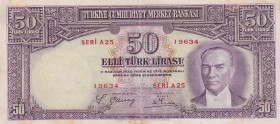 Turkey, 50 Lira, 1938, XF, p129, 2.Emission
XF
There are adhesive marks and split
Estimate: USD 5000 - 10000