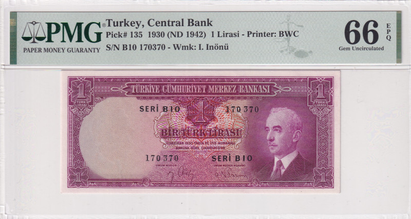 Turkey, 1 Lira, 1942, UNC, p135, 2.Emission
UNC
PMG 66 EPQ4th banknote with hi...