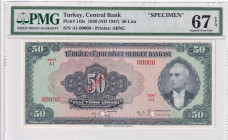Turkey, 50 Lira, 1947, UNC, p143s, SPECIMEN
UNC
PMG 67 EPQ3.EmissionHigh Condition
Estimate: USD 500 - 1000