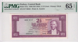 Turkey, 2 1/2 Lira, 1955, UNC, p151a, 5.Emission
UNC
PMG 65 EPQ17th banknote with highest score
Estimate: USD 1250 - 2500