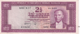 Turkey, 2 1/2 Lira, 1955, XF(-), p151, 5.Emission
XF(-)
Estimate: USD 30 - 60