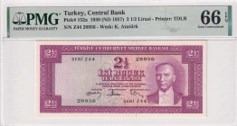 Turkey, 2 1/2 Lira, 1957, UNC, p152a, 5.Emission
UNC
PMG 66 EPQ4th banknote with highest score
Estimate: USD 1000 - 2000