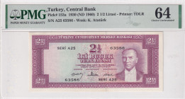 Turkey, 2 1/2 Lira, 1960, UNC, p153, 5.Emission
UNC
PMG 64
Estimate: USD 300 - 600
