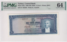 Turkey, 5 Lira, 1959, UNC, p155a, 5.Emission
UNC
PMG 6416th banknote with highest score
Estimate: USD 750 - 1500