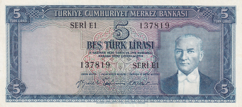 Turkey, 5 Lira, 1959, XF(-), p155, 5.Emission
XF(-)
Natural
Estimate: USD 100...