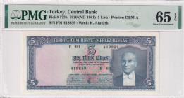 Turkey, 5 Lira, 1961, UNC, p173a, 5.Emission
UNC
PMG 65 EPQ17th banknote with highest score, "F01" First Prefix
Estimate: USD 1000 - 2000
