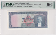 Turkey, 5 Lira, 1961, UNC, p173a, 5.Emission
UNC
PMG 66 EPQ5th banknote with highest score, "F01" Last Prefix
Estimate: USD 1000 - 2000