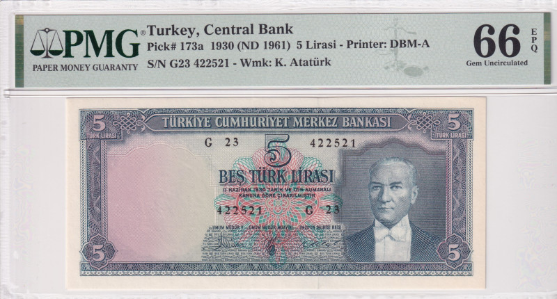 Turkey, 5 Lira, 1961, UNC, p173a, 5.Emission
UNC
PMG 66 EPQ5th banknote with h...