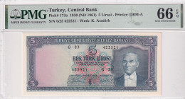 Turkey, 5 Lira, 1961, UNC, p173a, 5.Emission
UNC
PMG 66 EPQ5th banknote with highest score
Estimate: USD 1000 - 2000