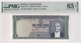 Turkey, 5 Lira, 1965, UNC, p174a, 5.Emission
UNC
PMG 65 EPQ
Estimate: USD 400 - 800
