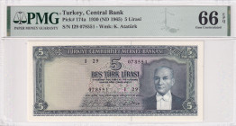 Turkey, 5 Lira, 1965, UNC, p174a, 5.Emission
UNC
PMG 66 EPQ9th banknote with highest score
Estimate: USD 500 - 1000