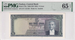 Turkey, 5 Lira, 1965, UNC, p174a, 5.Emission
UNC
PMG 65 EPQ
Estimate: USD 400 - 800