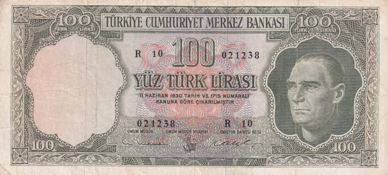 Turkey, 100 Lira, 1962, VF(-), p176, 5.Emission
VF(-)
Split
Estimate: USD 20 ...