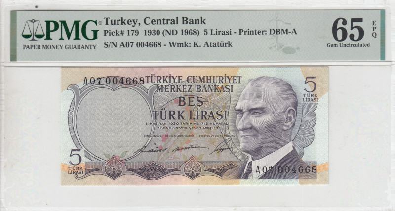 Turkey, 5 Lira, 1968, UNC, p179, 6.Emission
UNC
PMG 65 EPQ
Estimate: USD 30 -...