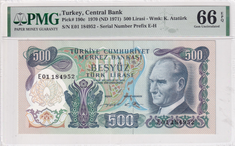 Turkey, 500 Lira, 1974, UNC, p190c, 6.Emission
UNC
PMG 66 EPQ"E01" prefix
Est...