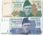 Pakistan, 500-1.000 Rupees, 2021/2022, p49A; p50, (Total 2 banknotes)
500 Rupees, AUNC; 1.000 Rupees, UNC(-) 
Estimate: USD 20 - 40