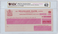 Rhodesia, 1960, UNC, Specimen Cheque
UNC
MDC 62 GPQStandard Bank, Manica Road West Branch, Salisbury, Rhodesia
Estimate: USD 50 - 100