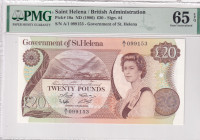 Saint Helena, 20 Pounds, 1986, UNC, p10a
UNC
PMG 65 EPQIt has serial tracking number with the next lot.Queen Elizabeth II Portrait
Estimate: USD 75...