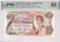 Saint Helena, 20 Pounds, 1986, UNC, p10a
UNC
PMG 65 EPQIt has serial tracking number with previous Lot.Queen Elizabeth II Portrait
Estimate: USD 75...