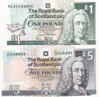 Scotland, 1-5 Pounds, 1994/2010, p358a; p352, (Total 2 banknotes)
1 Pound, UNC; 5 Pounds, XF
Estimate: USD 30 - 60