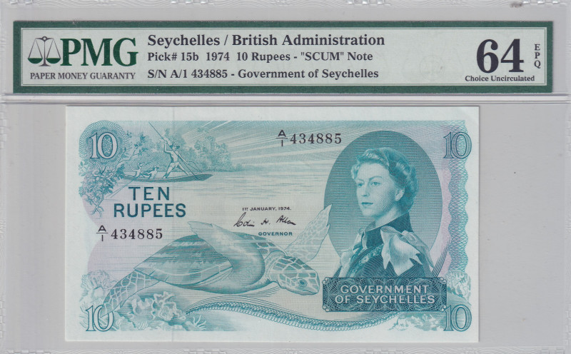 Seychelles, 10 Rupees, 1974, UNC, p15b
UNC
PMG 64 EPQQueen Elizabeth II Portra...