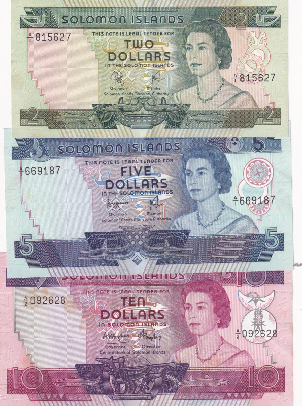 Solomon Islands, 2-5-10 Dollars, 1977/1984, AUNC, p5; p6; p11, (Total 3 banknote...