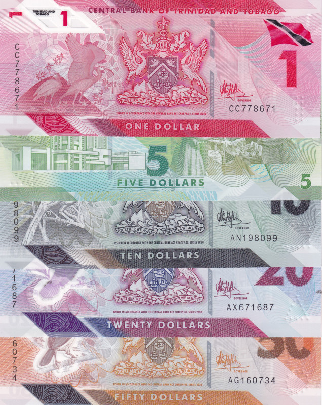 Trinidad & Tobago, 1-5-10-20-50 Dollars, 2020, UNC, p60-p64, (Total 5 banknotes)...