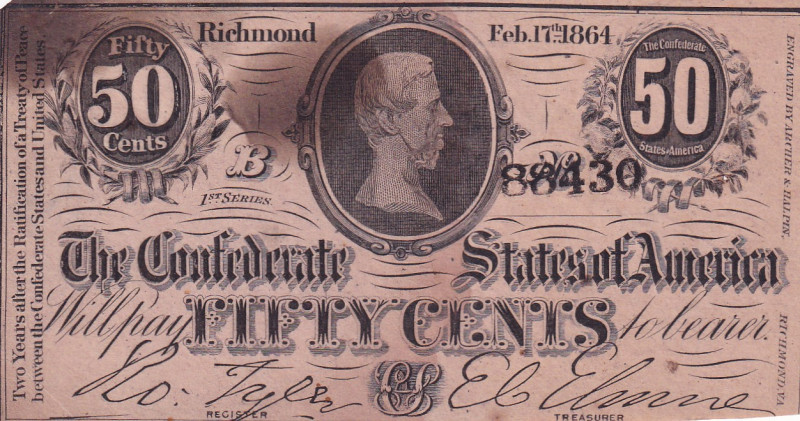 United States of America, Confederate States, 50 Cents, 1864, UNC(-), p64
UNC(-...