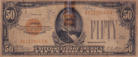 United States of America, 50 Dollars, 1928, FINE(-), p402
FINE(-)
Gold Certificate - golden sealThere are rips, bands, tears, ballpoint pen writing ...
