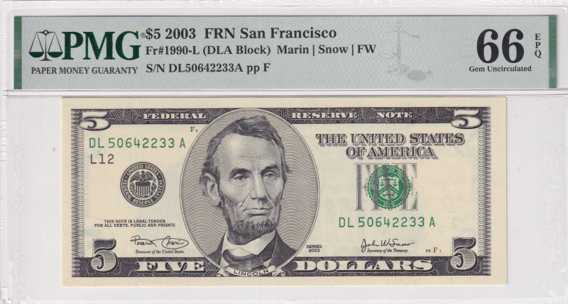 United States of America, 5 Dollars, 2003, UNC, p517a
UNC
PMG 66 EPQ
Estimate...