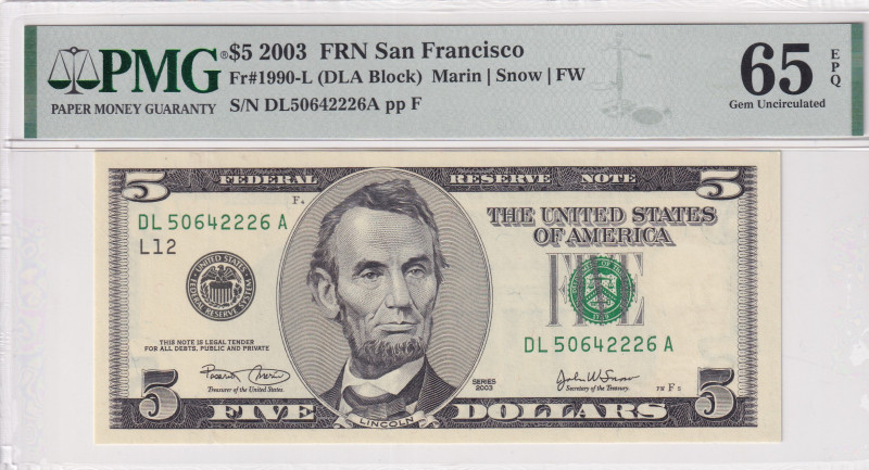 United States of America, 5 Dollars, 2003, UNC, p517a
UNC
PMG 65 EPQ
Estimate...