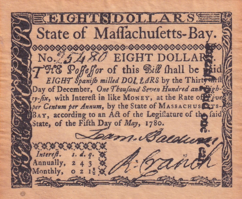 United States of America, 8 Dollars, 1780, UNC, 
UNC
State of MassachusettsLig...