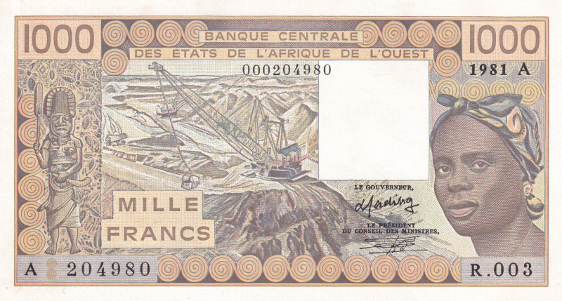 West African States, 1.000 Francs, 1981, UNC, p107Ab
UNC
"A'' Ivory Coast
Est...