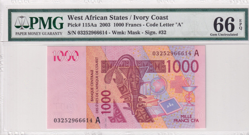 West African States, 1.000 Francs, 2003, UNC, p115Aa
UNC
PMG 66 EPQ"A'' Ivory ...