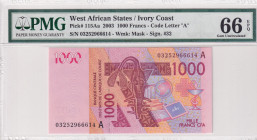 West African States, 1.000 Francs, 2003, UNC, p115Aa
UNC
PMG 66 EPQ"A'' Ivory Coast
Estimate: USD 30 - 60